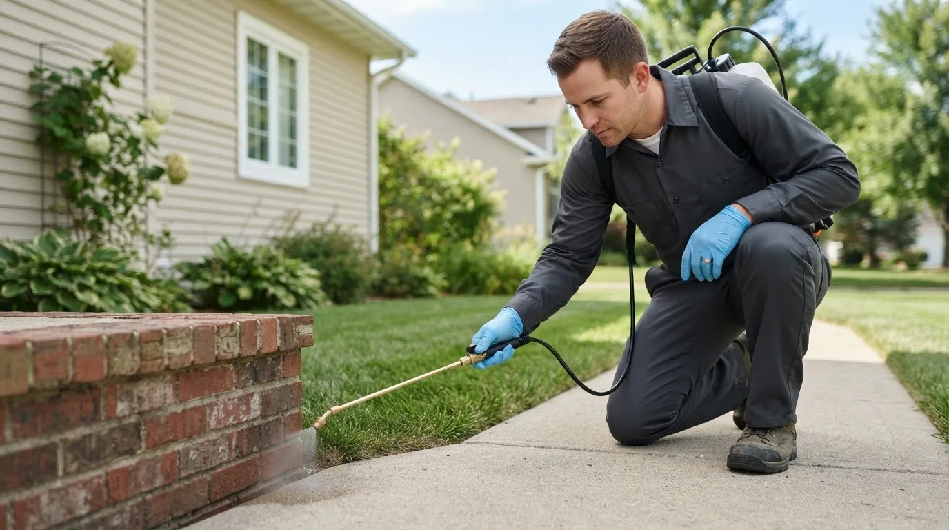 Pest control technician treating a home near Kirbyville, MO